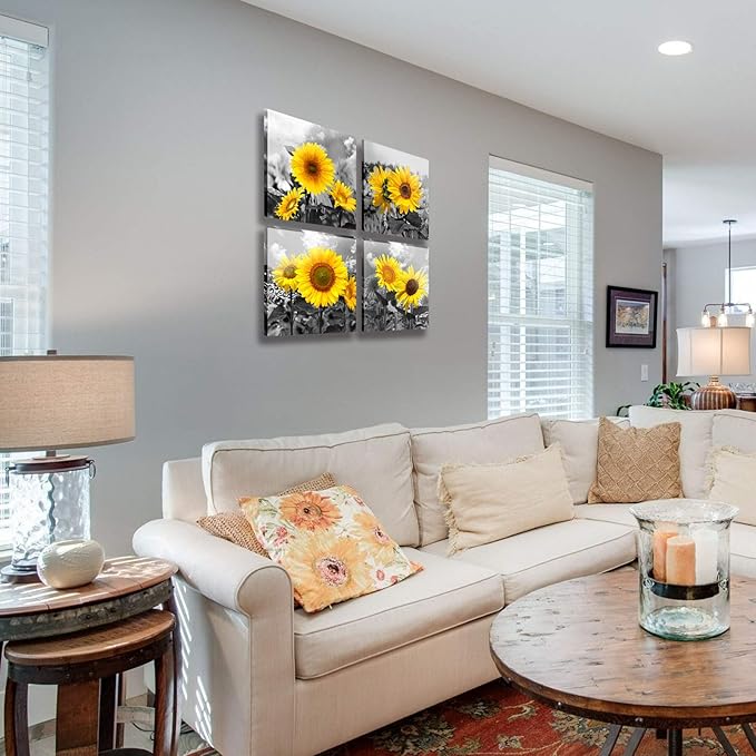 MESESE Wall Art Decor - 4 Panels Sunflower Canvas Wall Art Giclee Modern Home Decoration Watercolor Poster Canvas Picture for Living Room Ready to Hang