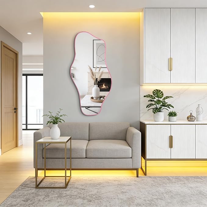 Irregular Tempered Glass Mirror, 47.2"x24" Pink Asymmetrical Aesthetic Wall Mirror, Modern Organic Shape Frameless Mirrors for Living Room Hallway Entryway, Horizontal or Vertical Hanging
