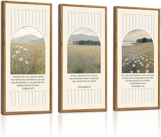 IARTTOP Christian Wall Decor Set of 3 Framed 8 x 16 Inch Bible Verse Floral Landscape Wood Art Jesus Scripture Religious Wildflowers Wall Art Prints for Church Prayer Room Living Room Decor