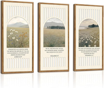 IARTTOP Christian Wall Decor Set of 3 Framed 8 x 16 Inch Bible Verse Floral Landscape Wood Art Jesus Scripture Religious Wildflowers Wall Art Prints for Church Prayer Room Living Room Decor