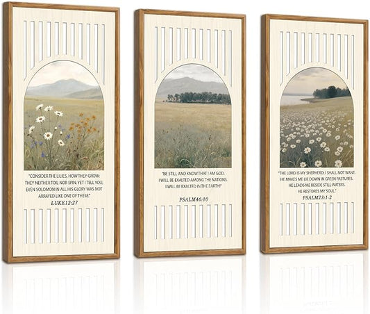 IARTTOP Christian Wall Decor Set of 3 Framed 8 x 16 Inch Bible Verse Floral Landscape Wood Art Jesus Scripture Religious Wildflowers Wall Art Prints for Church Prayer Room Living Room Decor