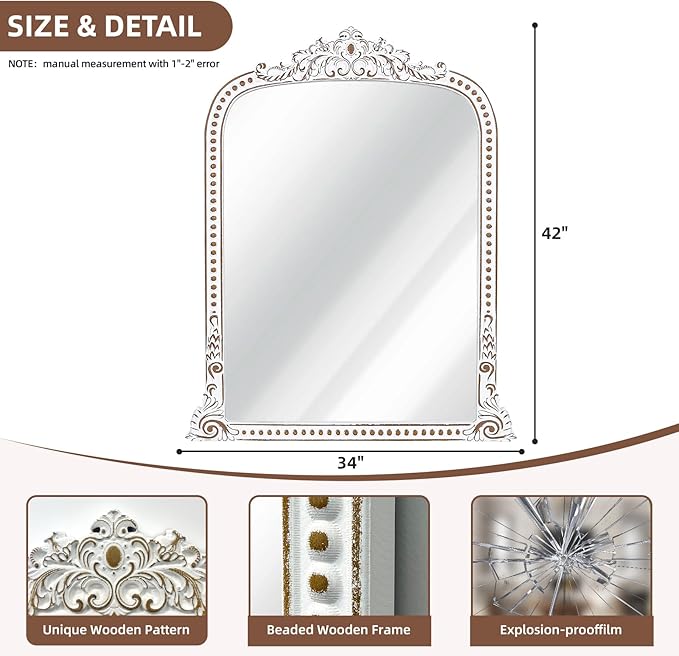 HOITUZYUS Ornate Baroque Statement Mirror: 42x34 Inch Wooden Arched Wall Mirror, French Vintage Decorative Mirrors for Entryway, Fireplace Mantel, Living Room, Bathroom