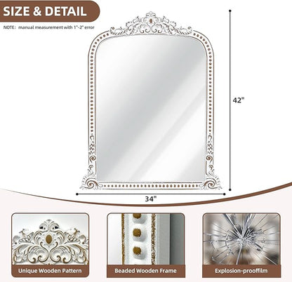 HOITUZYUS Ornate Baroque Statement Mirror: 42x34 Inch Wooden Arched Wall Mirror, French Vintage Decorative Mirrors for Entryway, Fireplace Mantel, Living Room, Bathroom