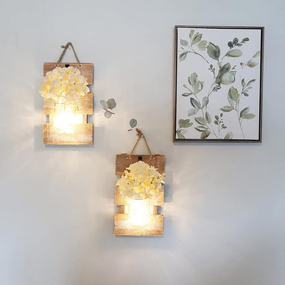 Mason Jar Wall Sconces, Rustic Brown Wall Hanging Decor, LED Fairy Lights with Automatic On and Off 6-Hour Timer (Set of 2),Brown