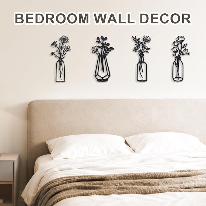 ZOES HOMDECO 4 Pcs Metal Flowers Wall Art Modern Farmhouse Decor Black Bathroom Wall Decor, Housewarming Gifts for Living Room Kitchen Bedroom Dining Room Office