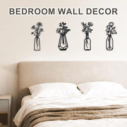 ZOES HOMDECO 4 Pcs Metal Flowers Wall Art Modern Farmhouse Decor Black Bathroom Wall Decor, Housewarming Gifts for Living Room Kitchen Bedroom Dining Room Office