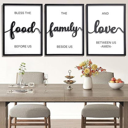 3D Wood Bless The Food Before Us Wall Decor, 36" x 16" Framed Kitchen Wall Art for Dining Room Wall Decor(Ready to Hang, 12x16 inches, Set of 3, Framed)