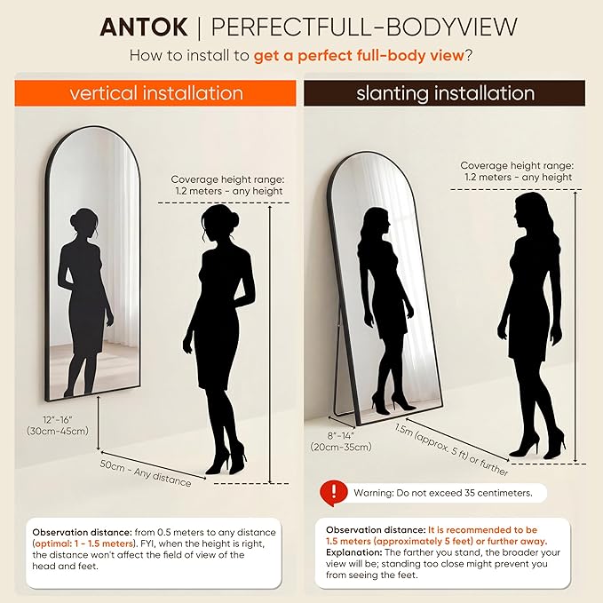 Antok 86" x46” Arched Full Length Floor Mirror, Black Aluminum Frame, Free Standing/Wall Mount/Leaning for Bedroom, Living Room, Dressing Room