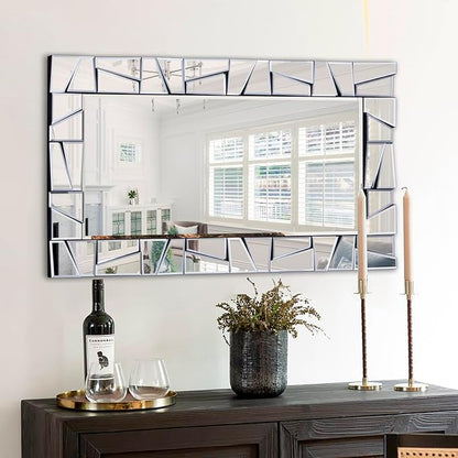 Chende Large Living Room Mirror for Decor, 44'' x 24'' Modern Decorative Wall Mirrors with Uneven Glass Frame, Rectangle Elegant Mirror with Glass Beveled Edge for Entryway, Dining Room, Bedroom