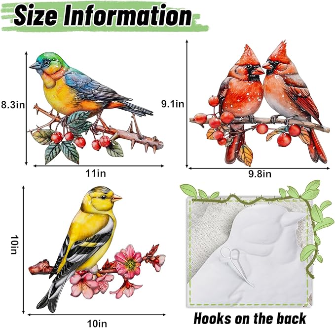 YOADEHOA 3Pcs Metal Wall Art Decor Birds on Branch, 3D Colorful Bird Outdoor Hanging Wall Art Patio Fence Decorations, Hummingbird Wall Sculptures for Indoor Outdoor Garden(Birds A)