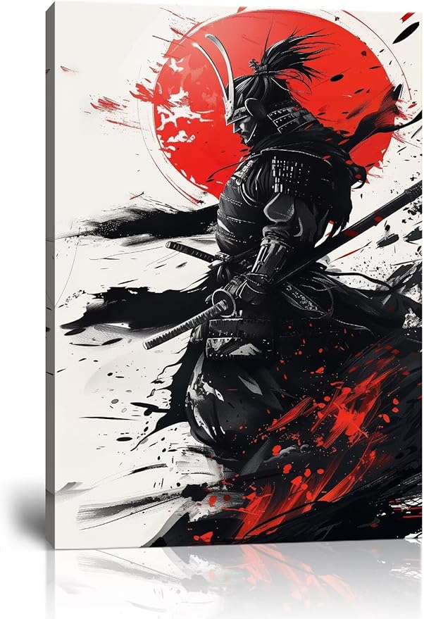 Japanese Samurai Wall Art Warrior Pictures Wall Decor Armored Samurai Painting Canvas Prints Bushido Poster Artwork Modern Home Decor Framed for Bedroom Living Room Office (28''W x 44''H)