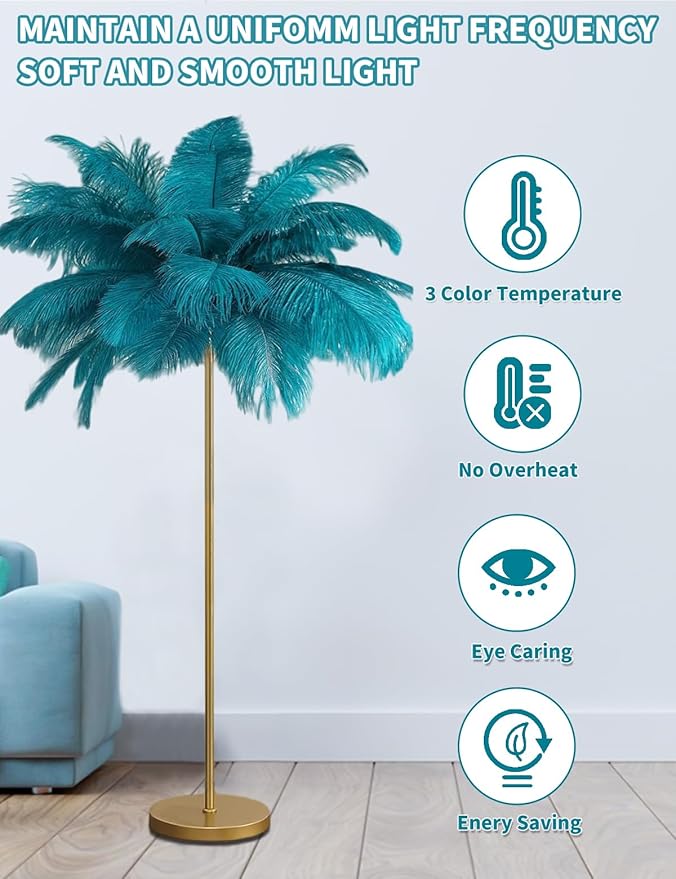 Feather Floor Lamp,Fluffy Ostrich Feather Floor Lamp for Bedroom,3 Color Temperatures Led Corner Modern Floor Lamps for Living Room Christmas Home Decor House Warming Gifts,63″ Height,50 Piece(Blue)