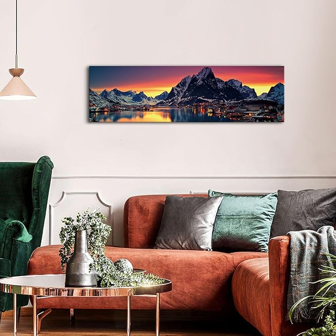 AREBOLO Sunset Mountain Canvas Wall Art Lake Landscape Pictures Nature Wall Decor Snowy Mountains Painting Sunrise Village Scenery Poster Prints Artwork for Living Room Office Home Decorations 14x48”