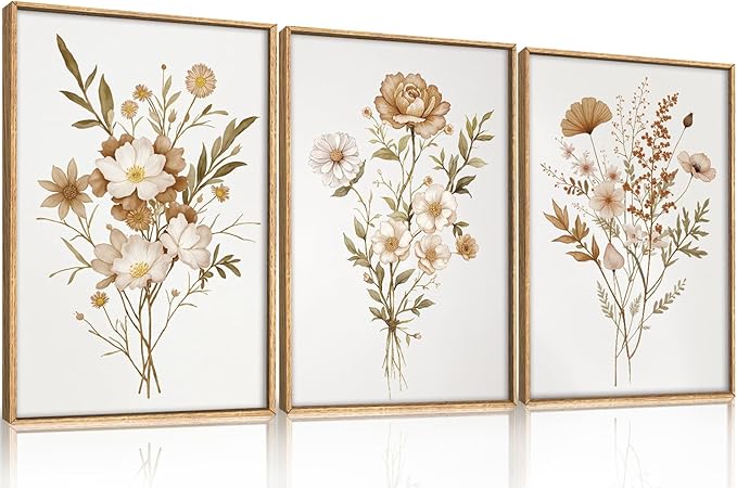 KAIRNE Neutral Boho Floral Framed Canvas Wall Art Set, Vintage Botanical FlowerWall Decor, Minimalist Wildflower Art Prints, Modern Beige Artwork for Living Room, Bedroom, Farmhouse, Office-24 x36 x3