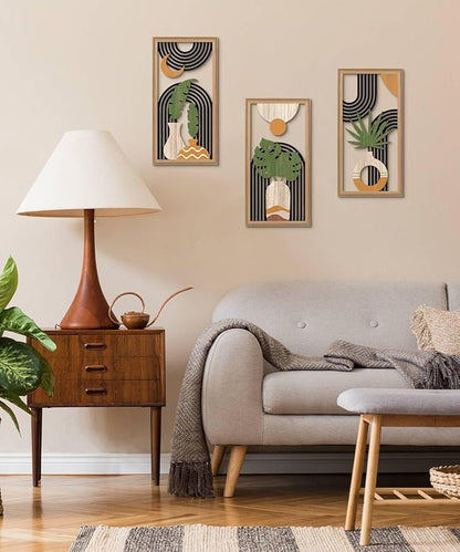 Putuo Decor Boho Abstract Wall Art Set of 3, Modern Minimalist Wooden Wall Decor, Geometric Aesthetic Botanical Artwork, Mid-Century Modern Design for Living Room, Bedroom, Office, Black 16.5 x 8.6