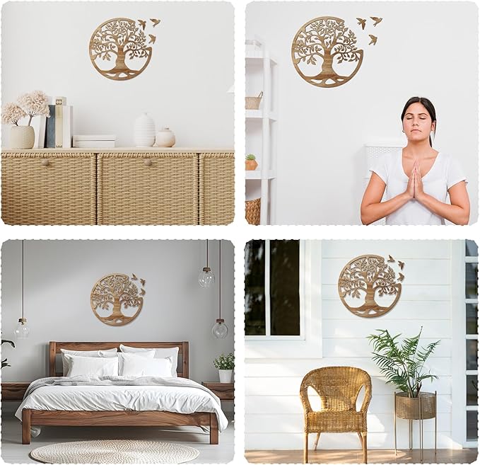 Tree of Life Wall Art Wooden Tree Life Wall Decor with Three Birds 12 Inch Round Family Tree Life Wall Hanging Plaque for Bedroom Living Room Kitchen Office Farmhouse Decor Indoor Outdoor (Round Tree of Life - Wood Color)