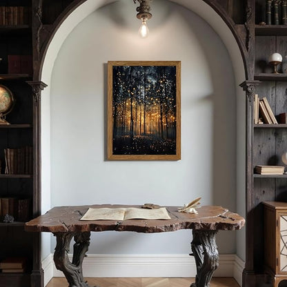 JLTULT Framed Enchanted Forest Firefly Canvas Wall Art, Dark Twilight Landscape Wall Decor, Rustic Botanical Nature Tree Art Prints for Bedroom Living Room Office Decoration 16x24 inch Easy to Hang