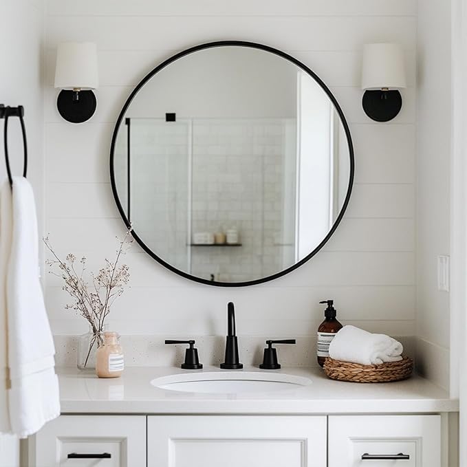 Oruii Round Mirror 30 inch, Large Black Circle Mirror Metal Frame, Large Black Circular Mirrors for Living Room, Dining Room, Entryway, Hallway, Foyer, Bathroom, Wall