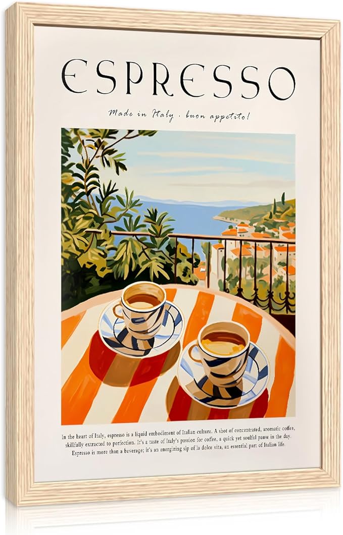 GELDSTEI Coffee Wall Art, Vintage Espresso Wrapped Canvas Print, Italian Coffee Poster Print, Cafe Bar Decoration, Retro Italian Cafe Wall Decor for Kitchen Dining Room Wood Framed 12x16 Inch
