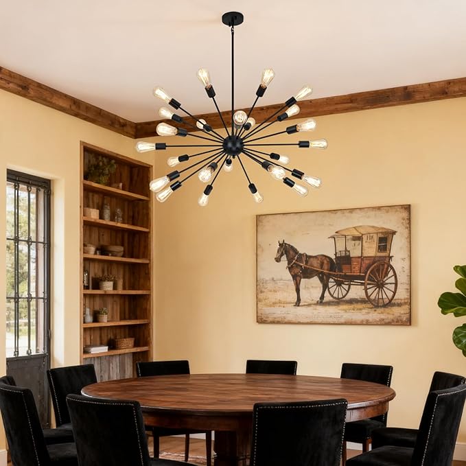 24 Light Black Sputnik Chandeliers, Modern Farmhouse Chandeliers for Dining Room Light Fixtures Over Table, Industrial Ceiling Hanging Lighting for Living Room, Bedroom, Kitchen, Foyer