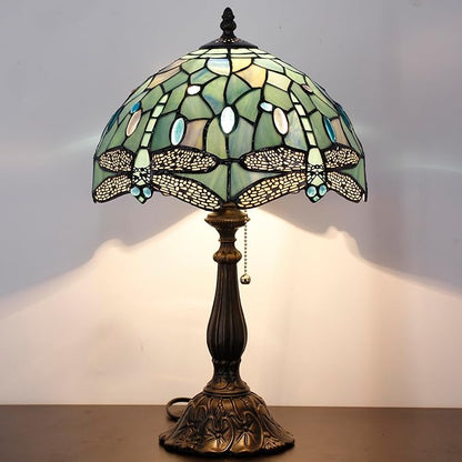 Tiffany Table Lamp Stained Glass Lamp 12X12X19 Inch Antique Reading Light (Sea Blue Dragonfly Style)