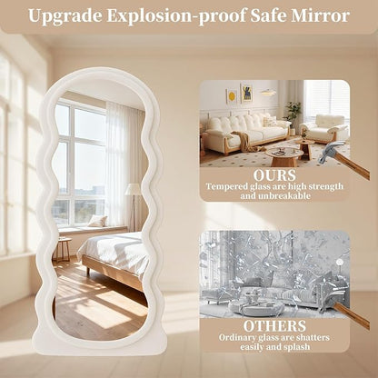 Wavy Full Length Mirror, 71"x30" Full Body Mirror, Flannel Floor Mirror with Stand, Large Mirrors Hanging or Leaning Against Wall for Bedroom Living Room, White