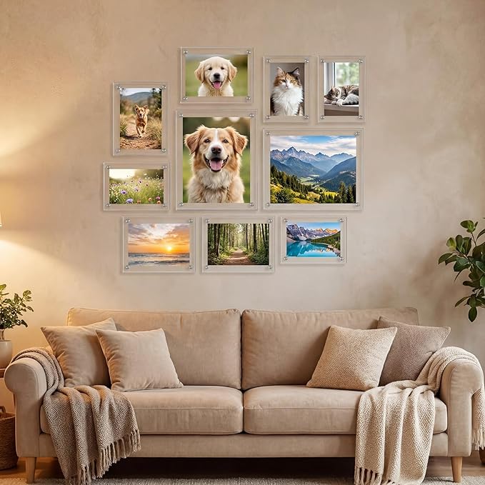Novabright 8x10, 5x7, 4x6 Inch Acrylic Floating Picture Gallery Frame Set 10 Pack 3 Size Wall Mount Clear Picture Floating Frame Bulk Double Panel Hanging Photo Frameless Frames Office Home Display