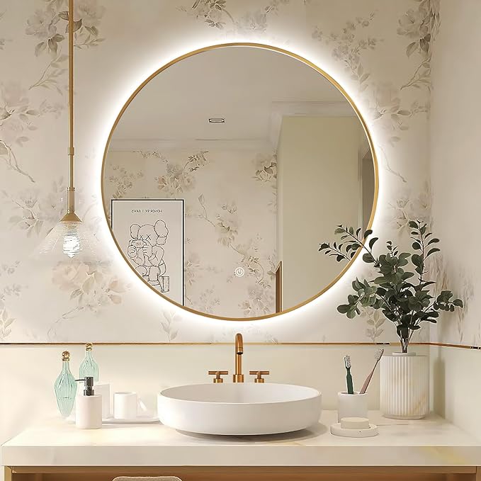 Niccy 30" LED Backlit Round Mirror for Bathroom, Gold Framed Vanity Light Wall Mirror, LED Smart Circle Mirrors with 3 Lighting Colors, Round Lighted Mirror with Anti-Fog, IP65 Waterproof