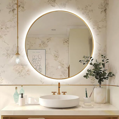 Niccy 30" LED Backlit Round Mirror for Bathroom, Gold Framed Vanity Light Wall Mirror, LED Smart Circle Mirrors with 3 Lighting Colors, Round Lighted Mirror with Anti-Fog, IP65 Waterproof