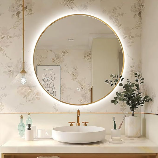 Niccy 30" LED Backlit Round Mirror for Bathroom, Gold Framed Vanity Light Wall Mirror, LED Smart Circle Mirrors with 3 Lighting Colors, Round Lighted Mirror with Anti-Fog, IP65 Waterproof