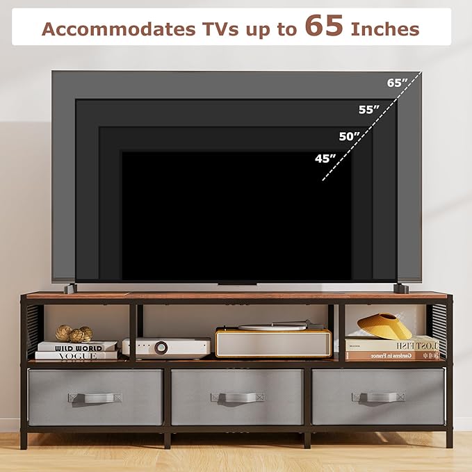 Giantex Dresser TV Stand for 65 Inch TV, Modern Entertainment Center w/Power Outlets, Open Shelf & Fabric Drawers, Television Stands, TV Console Table for Living Room Bedroom (Rustic Brown+Black)