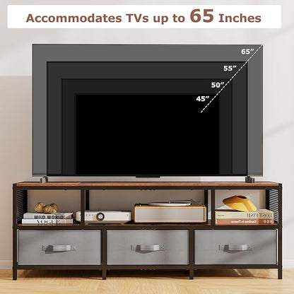 Giantex Dresser TV Stand for 65 Inch TV, Modern Entertainment Center w/Power Outlets, Open Shelf & Fabric Drawers, Television Stands, TV Console Table for Living Room Bedroom (Rustic Brown+Black)