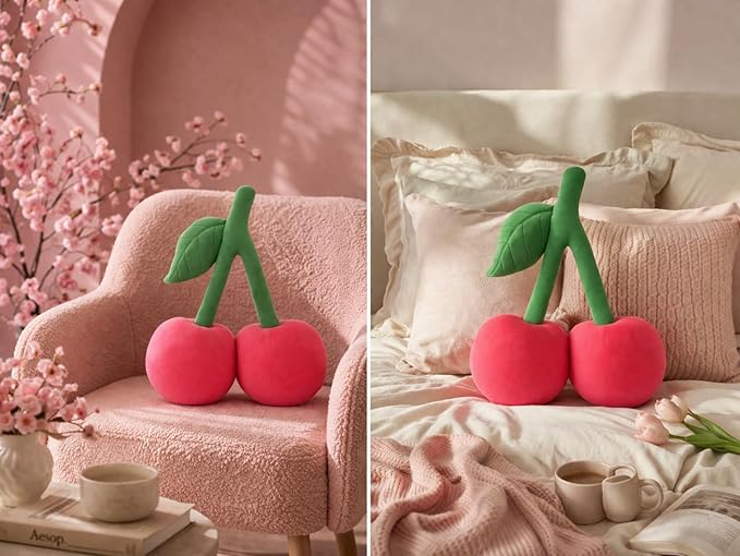 Cherry Pillow for Preppy Room Decor –17x14 In 3D Decorative Cherry Throw Pillow in Luxe Velvet –Shape Hold Fill Fruit Cushion with Sculpted Stem & Embroidered Leaf for Sofa & Aesthetic Home Decor Pink