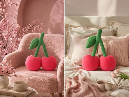 Cherry Pillow for Preppy Room Decor –17x14 In 3D Decorative Cherry Throw Pillow in Luxe Velvet –Shape Hold Fill Fruit Cushion with Sculpted Stem & Embroidered Leaf for Sofa & Aesthetic Home Decor Pink