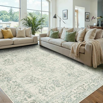 Rugxara 6x9 Washable Area Rug for Living Room, Vintage Large Boho Rugs for Office, Dining Room, Kids Room, Farmhouse, Durable Low Pile Non Slip Carpet for High Traffic Areas, Light Green