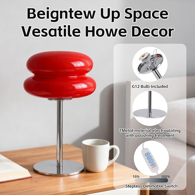 Mushroom Lamp for Bedroom,Mid Century Modern Lamp for Nightstand, Dimmable Retro Egg Tart Bedside Small Lamps,Unique Home Mushroom Decor Aesthetic Cute Table Lamps for Living Room (red)