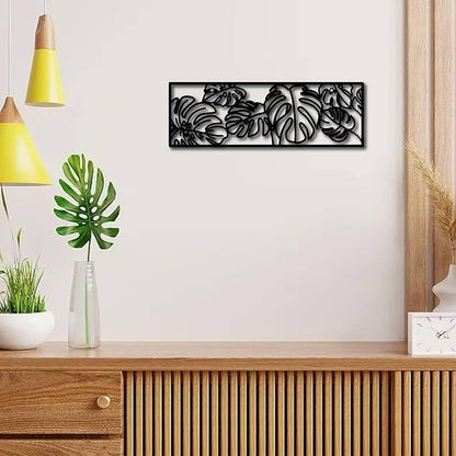 CREATCABIN Leaf Metal Wall Art Rectangle Wall Decoration Black Turtle Backed Bamboo Frame Sculptures Wall Hanging Ornament Hollow Out Metal Wall Sign for Bathroom Living Room Bedroom Porch 12 x 4Inch