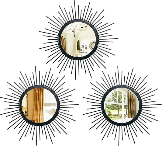 3 Set Sunburst Mirrors for Wall Decor Living Room Bedroom Bathroom Dining Room Metal Boho Sunburst Wall Mirror Set Gold Metal Vintage Circle Art Pack - Black 15.7 in