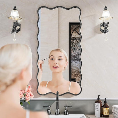 PROHOMEWARE 24 * 48" Black Bathroom Mirror for Wall,Wavy Rectangular Mirror,Vanity Mirror,Bathroom Mirrors for Wall-Mounted Metal Frame Mirror for Bedroom Entryway Living Room Farmhouse (Black)