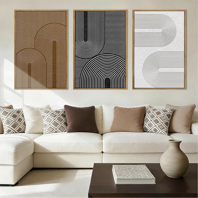 BINCUE Abstract Neutral Canvas Paintings Framed Modern Wall Art Neutral Geometric Wall Decor Modern Abstract Artwork Black and White Wall Paintings Brown Wall Pictures for Bedroom Living Room Office 16x24 Inch Set of 3