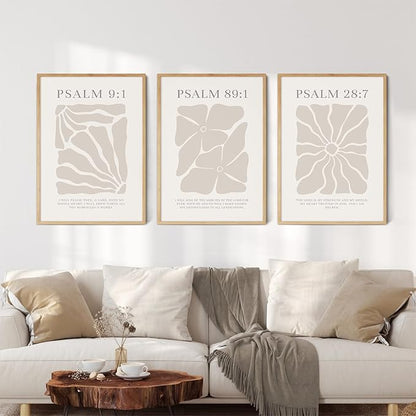 Joocrise Scripture Christian Wall Art Set of 3 Beige Bible Verses Wall Decor Neutral Psalm Canvas Wall Art Modern Pictures Flower Prints Christian Artwork for Living Room Bedroom 16x24 Inch Unframed