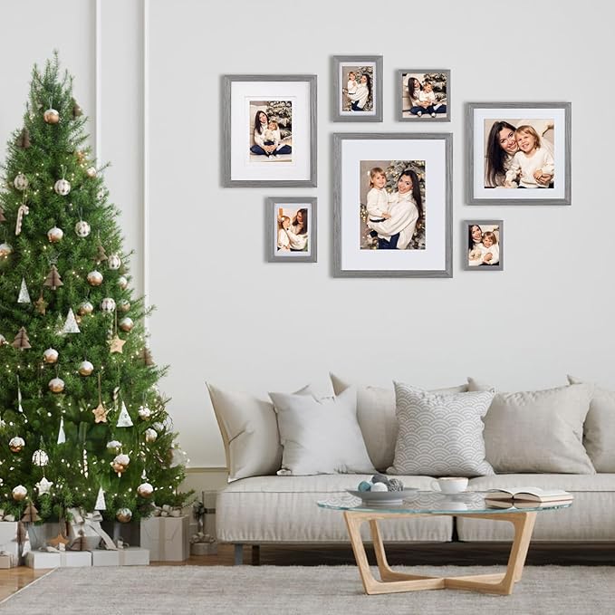 Egofine 8x8 Picture Frames Made of Solid Wood with Plexiglass, Display Pictures 4x4/6x6 with Mat or 8x8 Without Mat Set of 4 for Tabletop and Wall Mounting, Light Grey