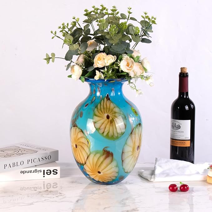 KAMMAK Colored Glass Vase, Beautiful Hand Blown Decorative Vase, Modern Art Vase for Flower Mantle Dining Table Centerpiece, Entryway Living Room Wedding Decoration, 8HPQSKQ021