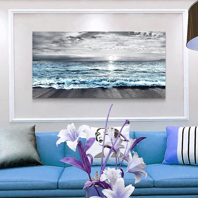 Wapluam Large Canvas Wall Art For Living Room & Bedroom Decor - Black & White Blue Sea Wave Pictures - Framed Beach Posters
