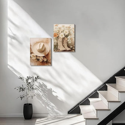 Floral Cowgirl Boots Canvas Wall Art Set of 2, Cowboy Hat with Flower Wall Decor Paintings, Trendy Preppy Western Aesthetic Prints Pictures, for Girls Bedroom Living Room Dorm 16x24 inch Framed