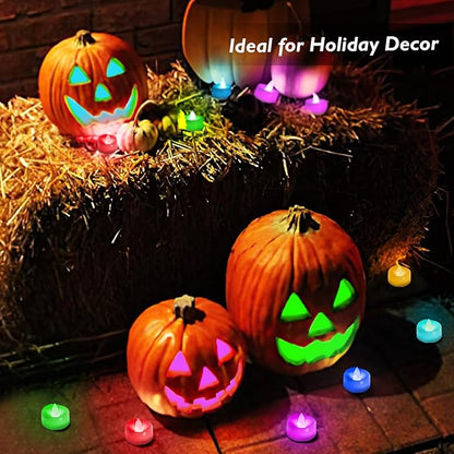 merrynights LED Candles, 24-Pack Color Changing Tea Lights Candles Battery Operated Bulk, Long-Lasting 200+ Hours Flameless Tealight Candles for Halloween Christmas Holiday Decor, 1.5'' D X 1.25'' H