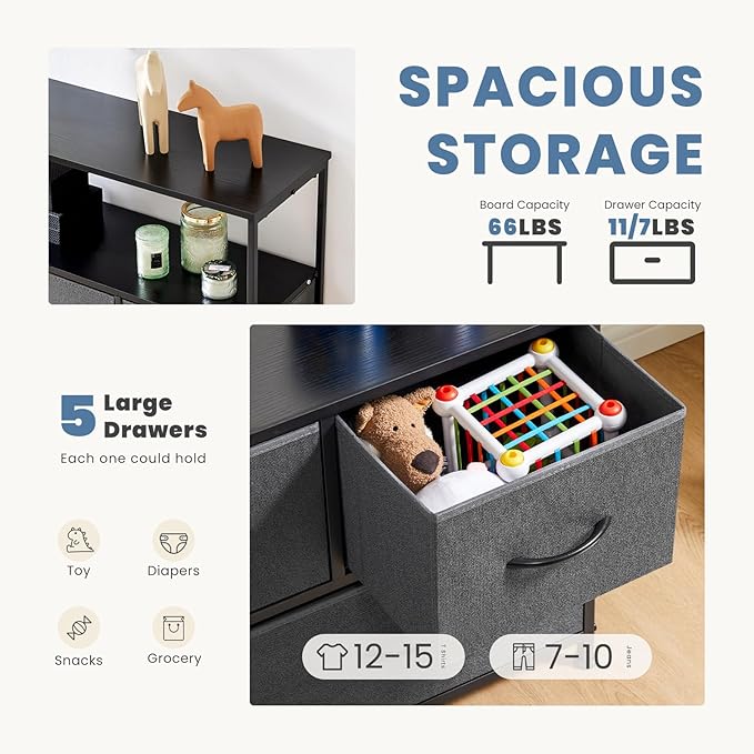 DUMOS TV Stand, Dresser with 5 Fabric Storage Drawers, Media Console Featuring Open Shelf for TV, Compact Entertainment Unit for Bedroom, Living Space, or Dorm Organization, Grey