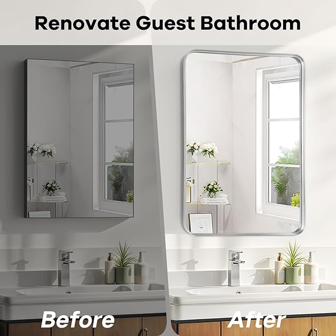 Bathroom Mirror - 24x30 Inch Silver Framed Sink Mirror for Bathroom, Brushed Metal Frame Rectangle Mirror for Restroom, Entryway
