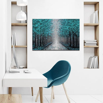 NutArtPic Forest Path Wall Art Teal Grey Canvas Forest Tree Artwork Paintings Wall Decor Fantasy Tree Picture Prints Wall Decoration 24''x36''