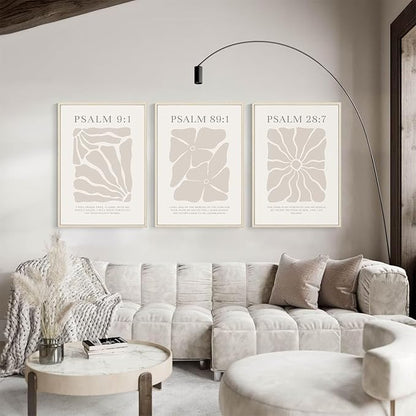 Scripture Christian Wall Art Set of 3 Beige Bible Verses Wall Decor Neutral Psalm Canvas Wall Art Modern Pictures Flower Prints Christian Artwork for Living Room Bedroom 16x24 Inch Framed